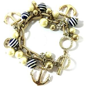 Vintage Nautical Charm Bracelet Gold Tone Anchors Striped Beads Faux Pearls